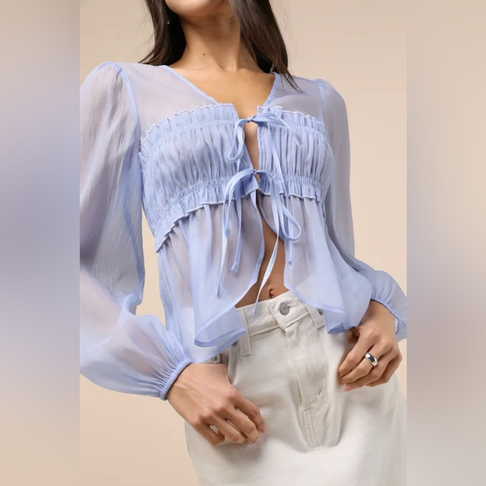Lulus Kyler Blue Sheer Tie-front Long Sleeve Top - Size S